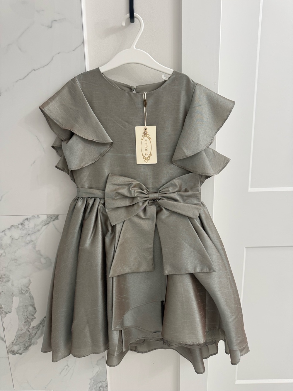 Joyfolie Metallic Silver-Gray Ruffle Bow Party Dress
